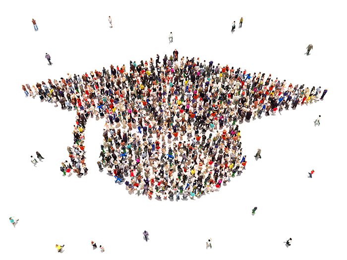 29840819 - people getting an education  large group of people in the shape of a graduation cap on a white background